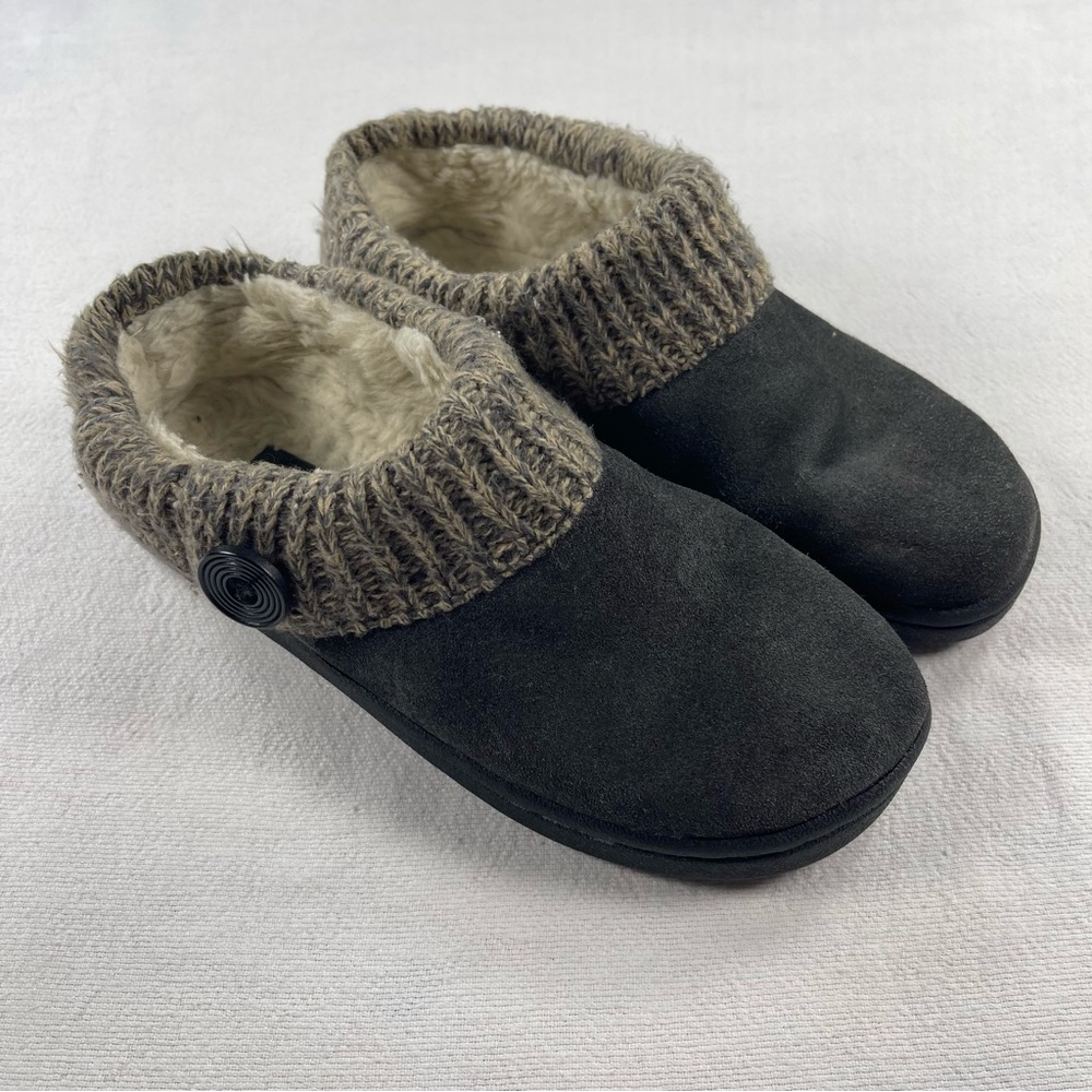 Clark’s Cozy Fleece-Lined Clog Slippers with Knit Cuff - Black Leather size 7
